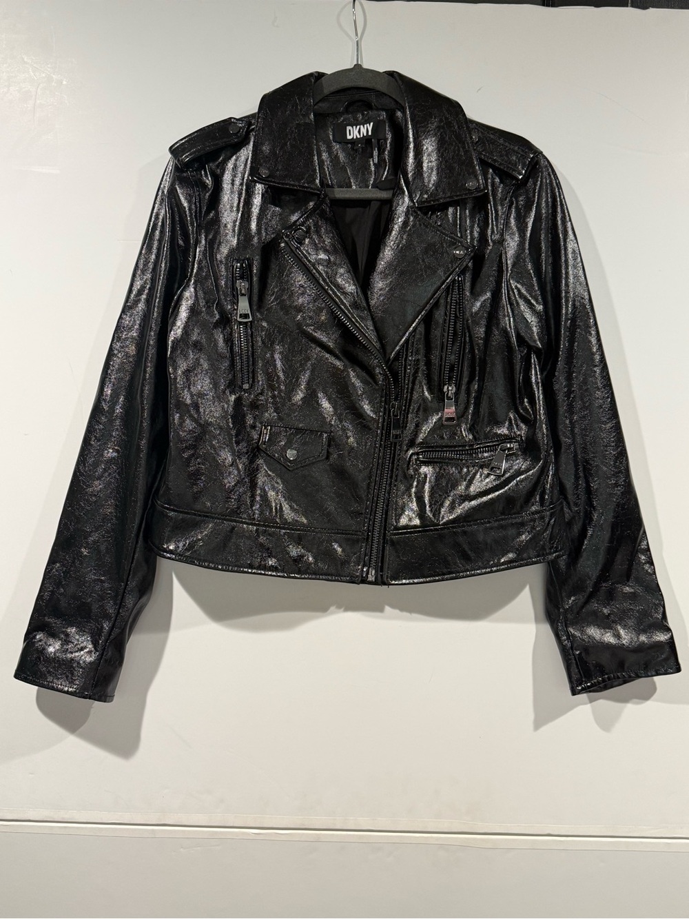 DKNY Shiny Black Faux Leather Biker Jacket